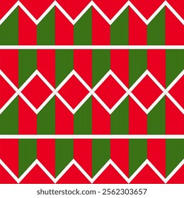 Red green Vector geometric seamless pattern of zigzags and robes for gift wrapping, gift bag design. Vector illustration