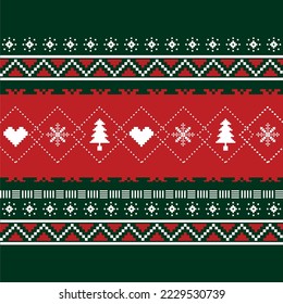 Red and green vector pixels seamless pattern with sign "Merry Christmas"