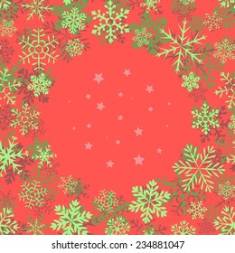 Red and green  vintage background with round space for text and snowflakes. Can be used as greeting card for Christmas and new year