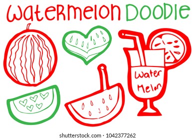 Red and Green Watermelon Doodle - Hand Drawing, Concept, Sketch, Food, Fruit, Summer, Tasty, Sweet, Healthy, Fresh, Dessert - Graphic Design Resource, Elements, Vector Illustration