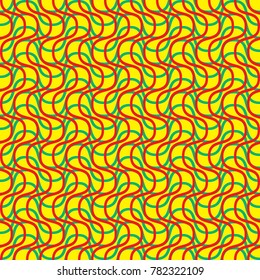 Red and green waves on the yellow background. Bright seamless abstract pattern. Wavy stripes. Vector illustration.