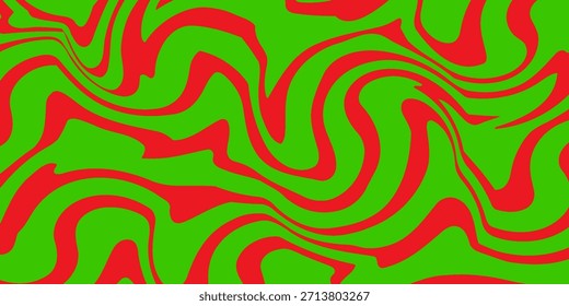 red and green wavy lines abstract background. Trendy psychedelic retro style backdrop. Waves, swirl and twirl pattern. Twisted distorted vector texture. Y2k aesthetic design