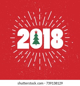 Red, green and white background with 2018, christmas tree, firework. Decorative backdrop vector. Hand drawn poster design, english text. Happy New Year, colorful greeting card
