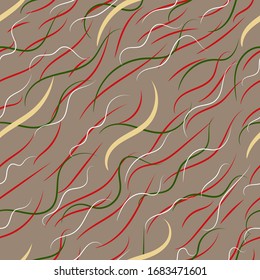 Olas rojas, verdes, blancas y beige sobre un fondo gris. Patrón vectorial transparente para tela, papel pintado, papel envuelto.