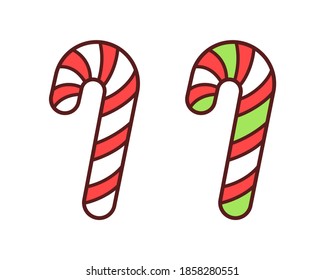 Red, green and white candy cane cartoon illustration set. Christmas decoration element for greeting cards, posters, prints for clothes, flyers, etc. Simple flat vector clip art design.