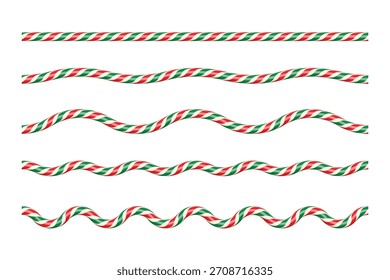 Cordas de cana de doce vermelho, verde e branco em vários padrões de onda. Linhas torcidas festivas para bordas de Natal, divisores, desenhos decorativos de férias. Conjunto de ilustrações vetoriais realistas.