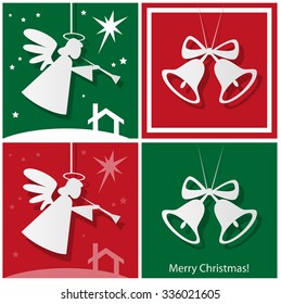 red, green and white card on a holiday theme Christmas. bells with angel and star