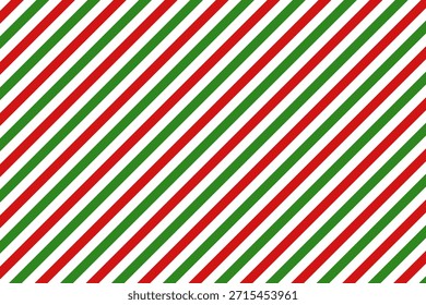Red, green and white diagonal stripes background vector illustration. Candy cane pattern for Christmas or New Year concept, flat lay, seamless. Stripe pattern for gift wrap, fabric pattern, textile, tile
