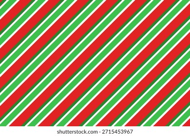 Ilustración vectorial de fondo de rayas diagonales rojas, verdes y blancas. Patrón de bastón de caramelo para Navidades o concepto de año Nuevo, plano, sin costuras. Patrón de la raya para el abrigo del regalo, patrón de la tela, materia textil, azulejo