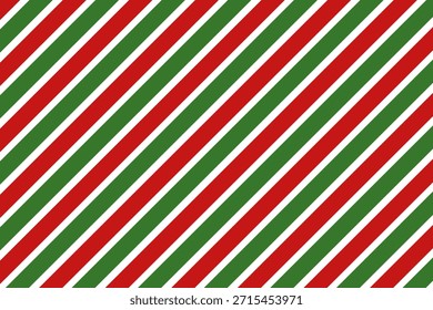 Red, green and white diagonal stripes background vector illustration. Candy cane pattern for Christmas or New Year concept, flat lay, seamless. Stripe pattern for gift wrap, fabric pattern, textile, tile