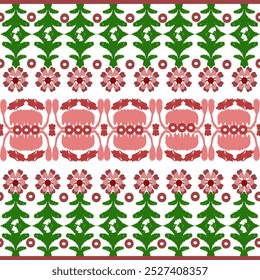 Red, green, and white embroidery, motif ethnic ikat seamless textile illustration, print striped ornament, pattern, design for wrapping, silk, scarf, clothing, background, textile, carpets, curtains.