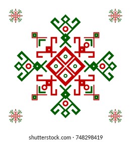 Red green white ethnic design with traditional tribal motif. Mayan ethnic symbol, geometric pattern in Christmas colors for winter decor. Embroidery style winter clothes ornament.