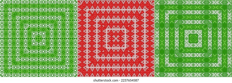 Red green white geometric Christmas wrapping paper vector semless pattern collection. Triangle and rhombus shapes red green white geometry. Christmas ornament set, wrapping paper prints.