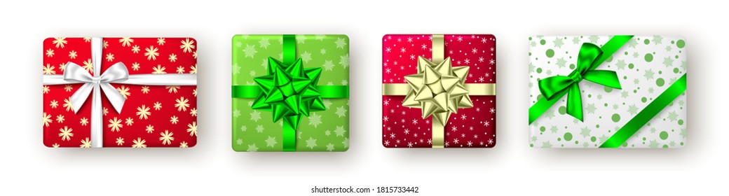 Red, green, white  gift box with ribbon and bow, top view. Christmas, New Year party, Happy birthday or Valentine day package design. Present isolated on white background. Vector.