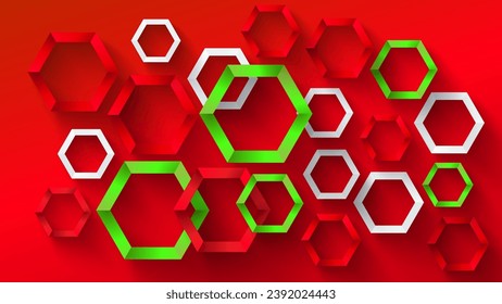Red, Green and White hexagon frame background design with realistic style