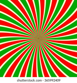 Red green white sunbeam background. Striped candy cane abstract wallpaper. Vector illustration