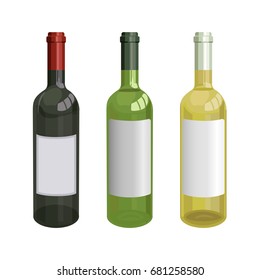 Red, green and white wine bottles. Vector illustration