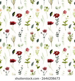 red green wild floral watercolor seamless pattern