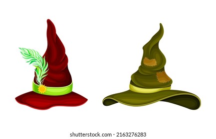 Red and green witch hats. Halloween holiday, carnival costume accessories cartoon vector illustration