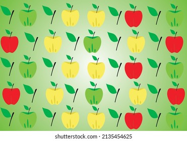 fondo rojo verde y amarillo de manzana sobre fondo verde y blanco