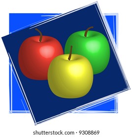 red green and yellow apples with blue frame - vector