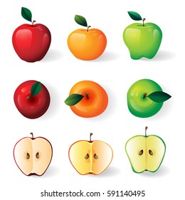 Red, green, yellow apples illustration, apple halves on white