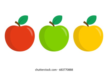 Red, green and yellow apples isolated on white background. Set of vector icons in flat design style