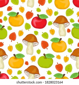 Red, green and yellow apples, mushrooms and leaves seamless pattern, cartoon hand drawing, colorful autumn background. For fabric design, textile prints, bright cute wallpapers. Vector illustration