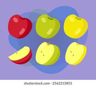 Red, green and yellow apples vector illustrations set. Collection of cartoon drawings of whole and cut fresh fruits, halves and slices on abstract background. Nature, food, fruit, diet concept