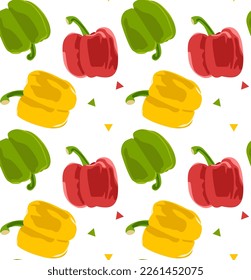 Red, green, yellow bell peppers with triangles. Seamless pattern in vector. Isolated figures. Natural product. Useful vegetables.