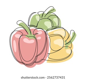 Red, green and yellow bell peppers line isolated on white background. Simple silhouette of vegetables. Hand drawn bell peppers outline. Vector illustration