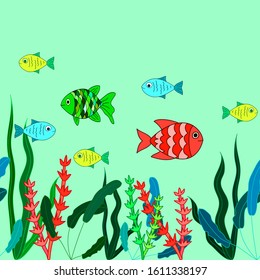 Red, green, yellow and blue fishes swimming over colorful water plants on light-green background. Seamless pattern. Vector graphics.