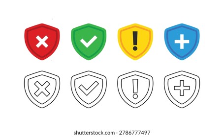 red, green, yellow and blue shield with sign icon. Security, exclamation, approved, check mark, tick, cross, Accepted, representing security, health and safety in protection concepts and unaccepted security. Minimalist cartoon icon. Trendy and modern vector