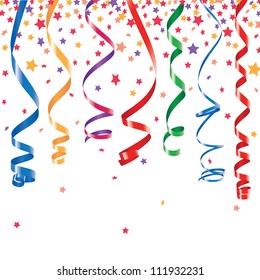 Red, green, yellow, blue shiny curling ribbons or party serpentine with stellar confetti