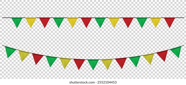 Banderas de Bunting rojas, verdes, amarillas, fondo de Anuncio de banderas de triángulo de fiesta de carnaval. Banderines decorativos colgando de una cuerda para la celebración, cumpleaños, Festiva, año Nuevo. Vector de elemento decorativo festivo
