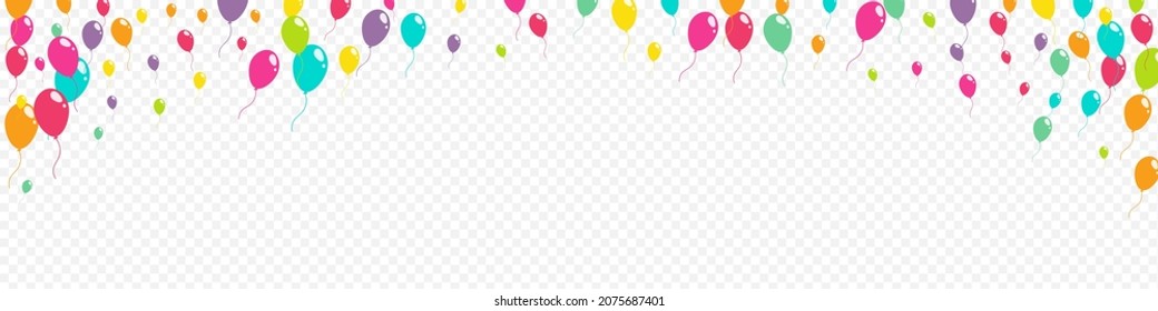 Red and Green and Yellow Celebration Baloon Vector Panoramic Transparent Background. Anniversary Ballon Illustration. Multicolor Helium Template. Cute Holiday Balloon Wallpaper.