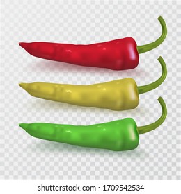 Red, green, yellow chili peppers.Hot seasoning for food.3D objects. Vector realistic illustration.