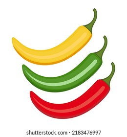 Red, green and yellow chili vector icon. This product is a sharp red chili, green and yellow vegetables. Illustration of hot chili food in flat minimalist style.