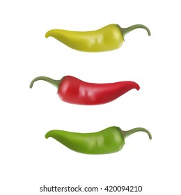 Red, green, yellow chilly pepper. Isolated on white background.