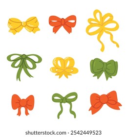 Red, green and yellow christmas bows. Hand drawn silk bow for holidays present boxes, Birthday gifts ribbon decoration flat vector illustration set. Cartoon bows collection
