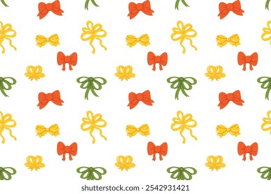 Red, green and yellow christmas bows. Hand drawn silk bow for holidays present boxes, Birthday gifts ribbon decoration flat vector seamless pattern 
