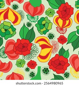 red, green, yellow colored flowers, buds, pollens and small graphic elements colorful floral seamless pattern.