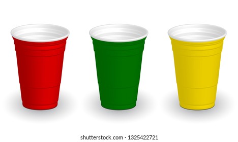 Red Green Yellow cups, it's party time on white background 3d illustration