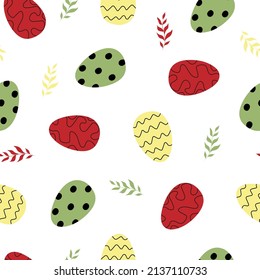 Red, Green and Yellow Easter Eggs Seamless Pattern on Transparent Background, Vector Illustration