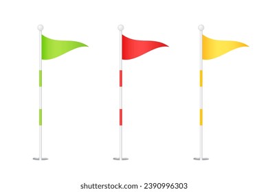 Red, green and yellow golf flags isolated on background. Triangular vector waving flags fluttering on a stick. Flags of the golf course. Golf flags. Vector illustration