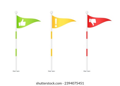 Red, green and yellow golf flags isolated on background. Triangular vector waving flags fluttering on a stick. Flags of the golf course. Isolated colored flags set. Vector illustration