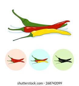 Red and green and yellow hot chili pepper  on white background, set of three round colorful icons  chili and cayenne pepper, vector illustration