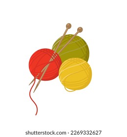 rote, grüne und gelbe Strickwolle mit Holznadeln einzeln auf weißem Hintergrund. Cartoon, Vektorgrafik.