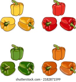 Red, green, yellow, and orange bell peppers for banners, flyers, posters, social media. Sweet bell peppers, capsicum. Vegetables. Cartoon style. Vector illustration isolated on white background.
