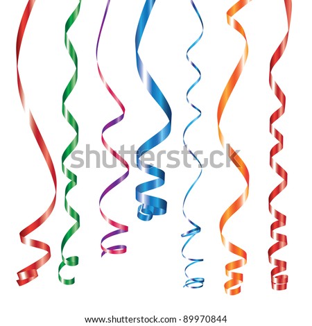 Red, green, yellow, orange, blue shiny gradient curling ribbons or party serpentine for design.